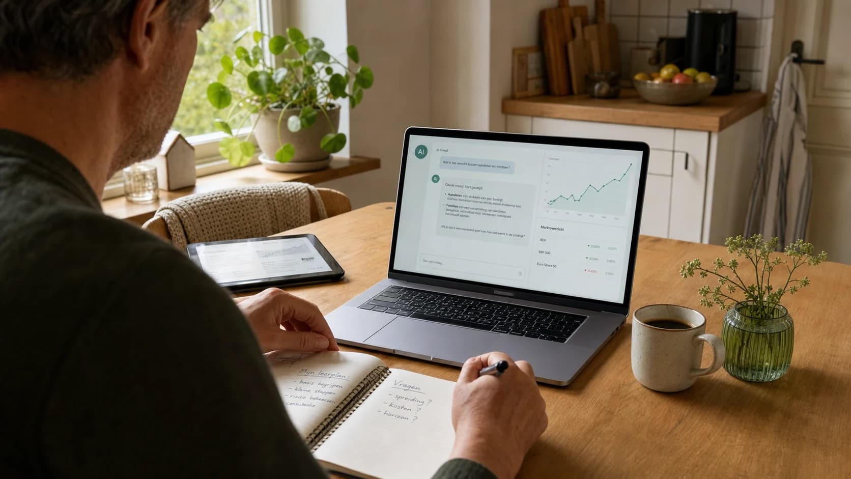 Man leert thuis aan de keukentafel over beleggen met een AI-assistent op zijn laptop en notities in een schrift