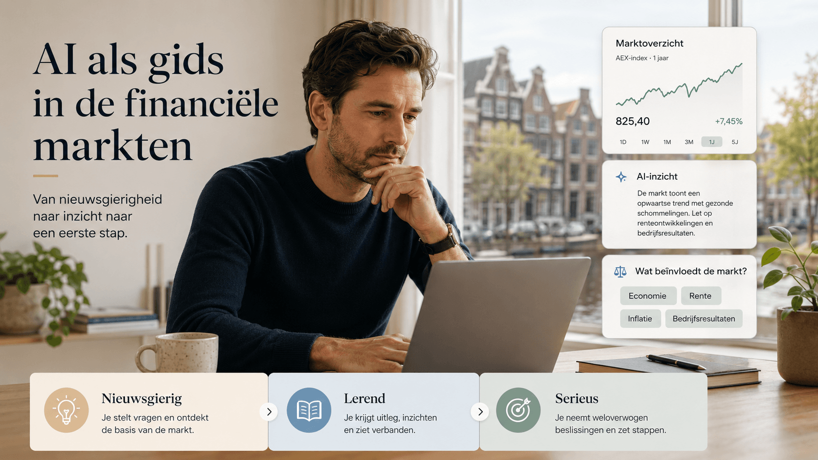 Man achter laptop bekijkt AI-marktinzichten op scherm met grafieken en analyse over financiële markten