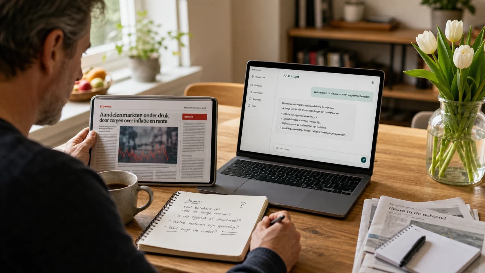 Man bekijkt thuis financieel nieuws op een tablet terwijl een AI-assistent op zijn laptop helpt om de kop rustig te duiden