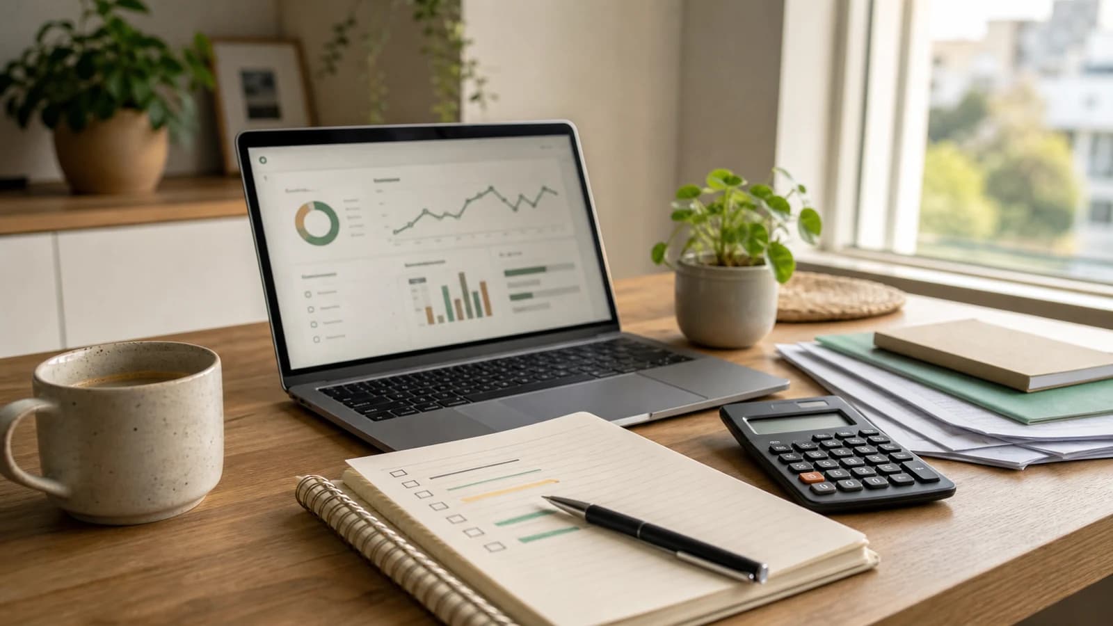 Editoriale foto van een rustige financiele basischeck met laptop, notitieboek, rekenmachine en documenten op een bureau