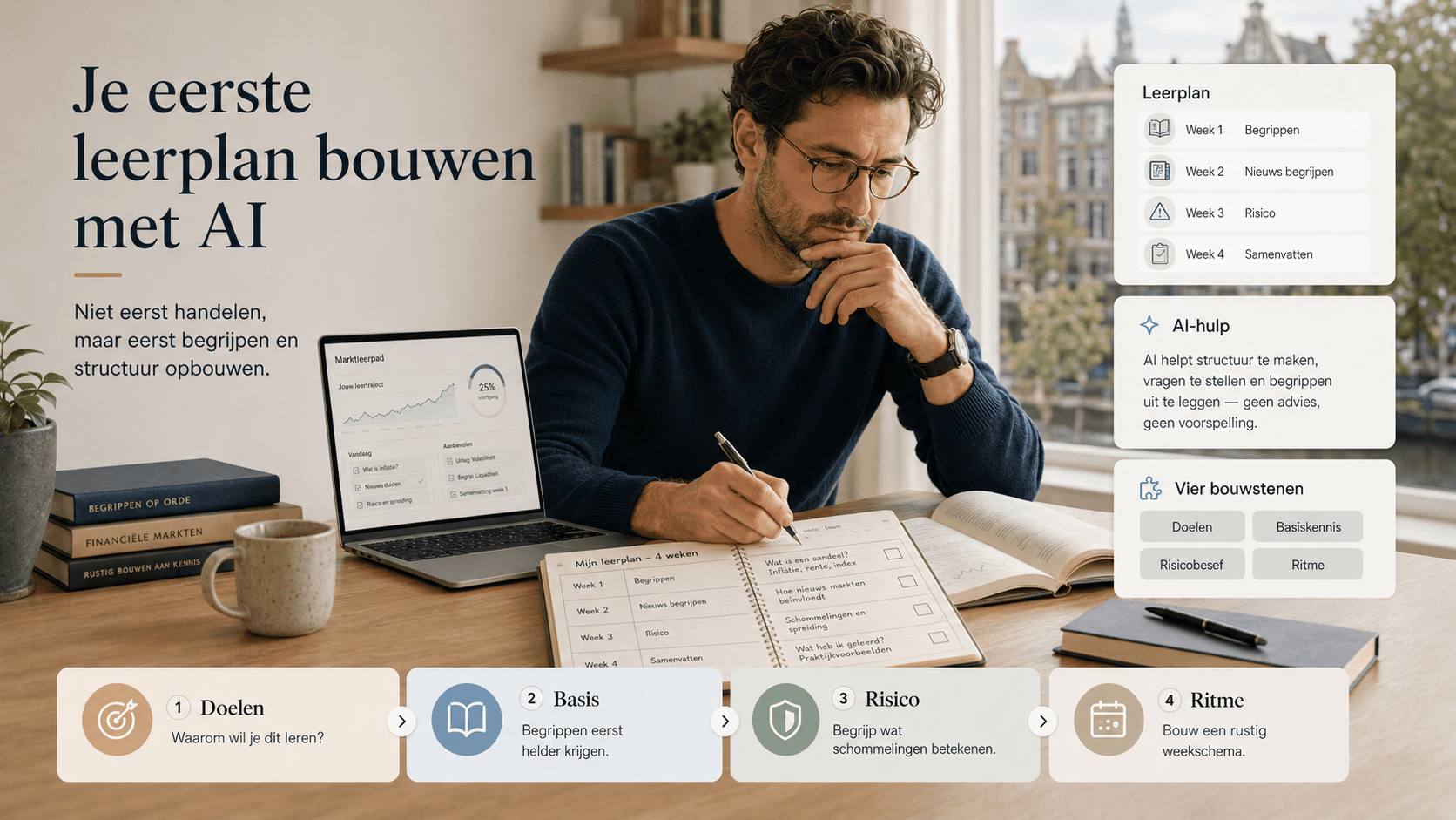 Editoriale illustratie van een weekplan, leerblokken en een laptop met AI-vragen voor een eerste beleggingsleerplan